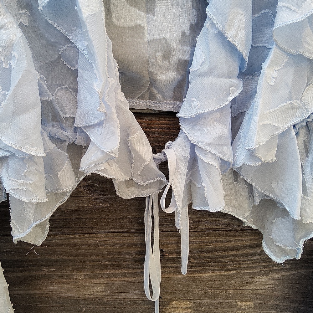 Prettylittlething Baby Blue Floral Organza Ruffled Sheer Tie Crop Top Size 4 - Picture 4 of 9